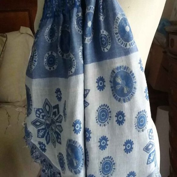 Blue Floral Large Scarf with fringe, 80"x16" - Picture 3 of 8